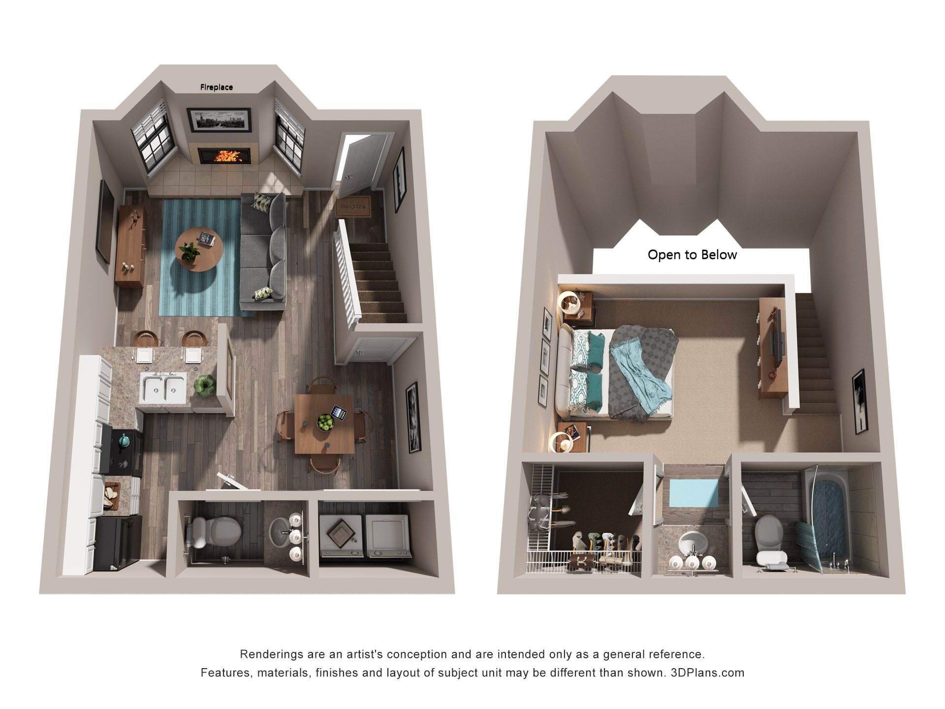 Floor plan for 1 bed, 1.5 baths, 801 sqft
